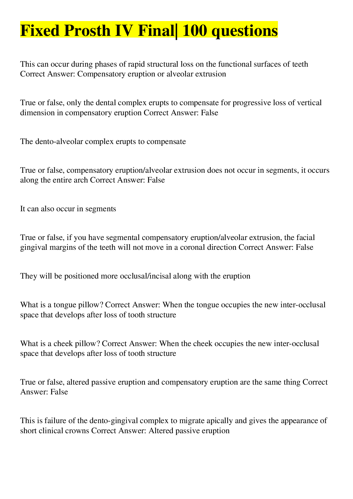 Preview image for Fixed Prosth IV Final| 100 questions